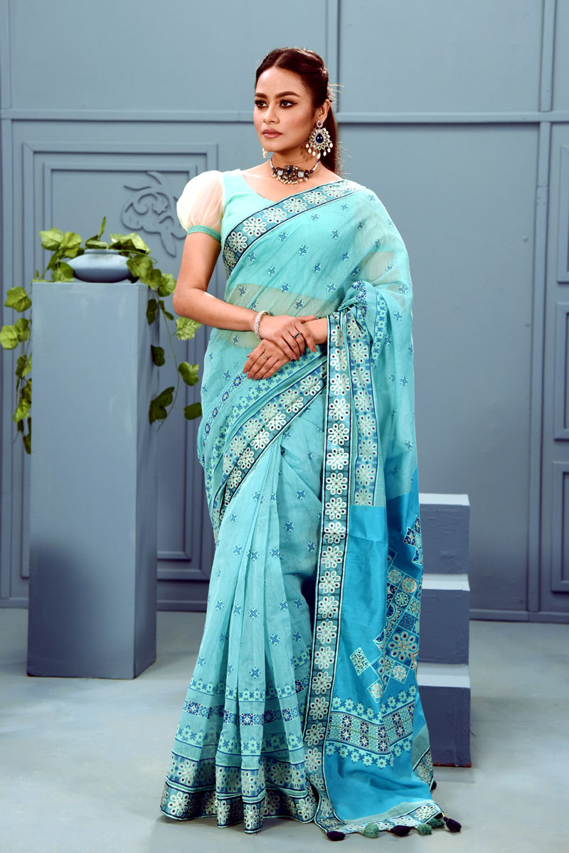 Lucite Green Half Silk Saree with Print & Embroidery
